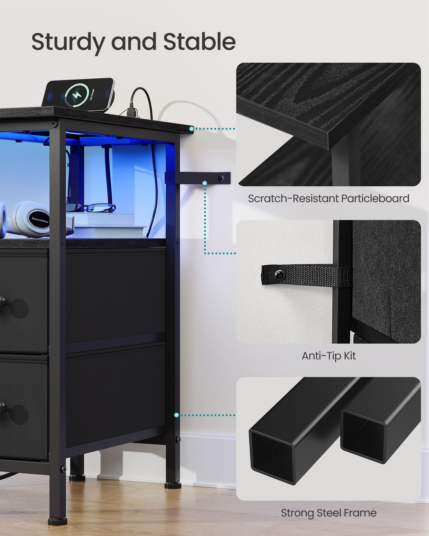 Side Table with LED Light, Narrow End Table with 2 Drawers, Nightstand with Charging Station, Living Room - image 6