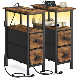 Side Table with LED Light, Narrow End Table with 2 Drawers, Nightstand with Charging Station, Living Room - image 7