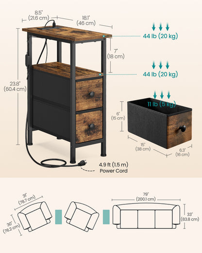 Side Table with LED Light, Narrow End Table with 2 Drawers, Nightstand with Charging Station, Living Room - image 2