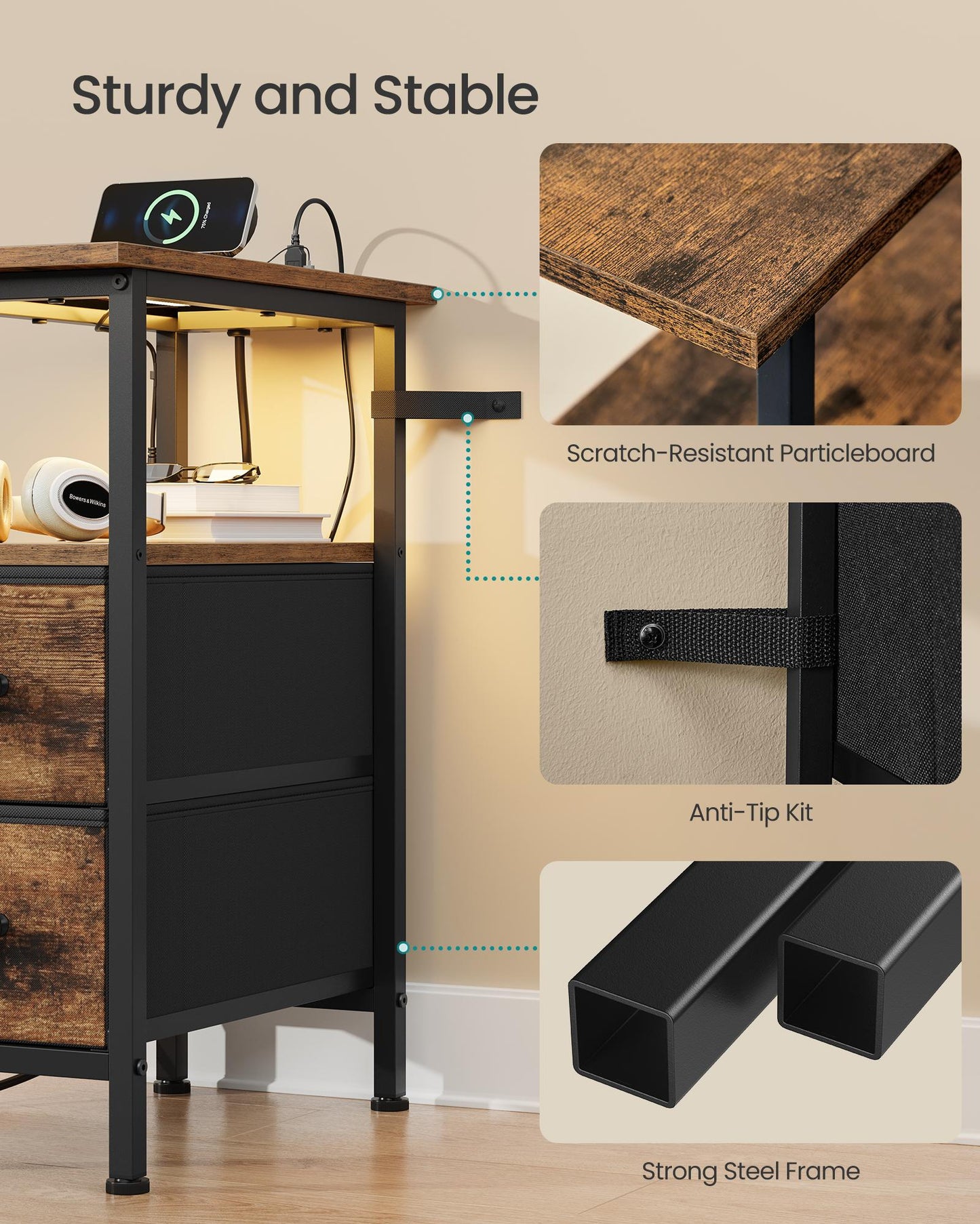 Side Table with LED Light, Narrow End Table with 2 Drawers, Nightstand with Charging Station, Living Room - image 3