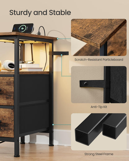 Side Table with LED Light, Narrow End Table with 2 Drawers, Nightstand with Charging Station, Living Room - image 3