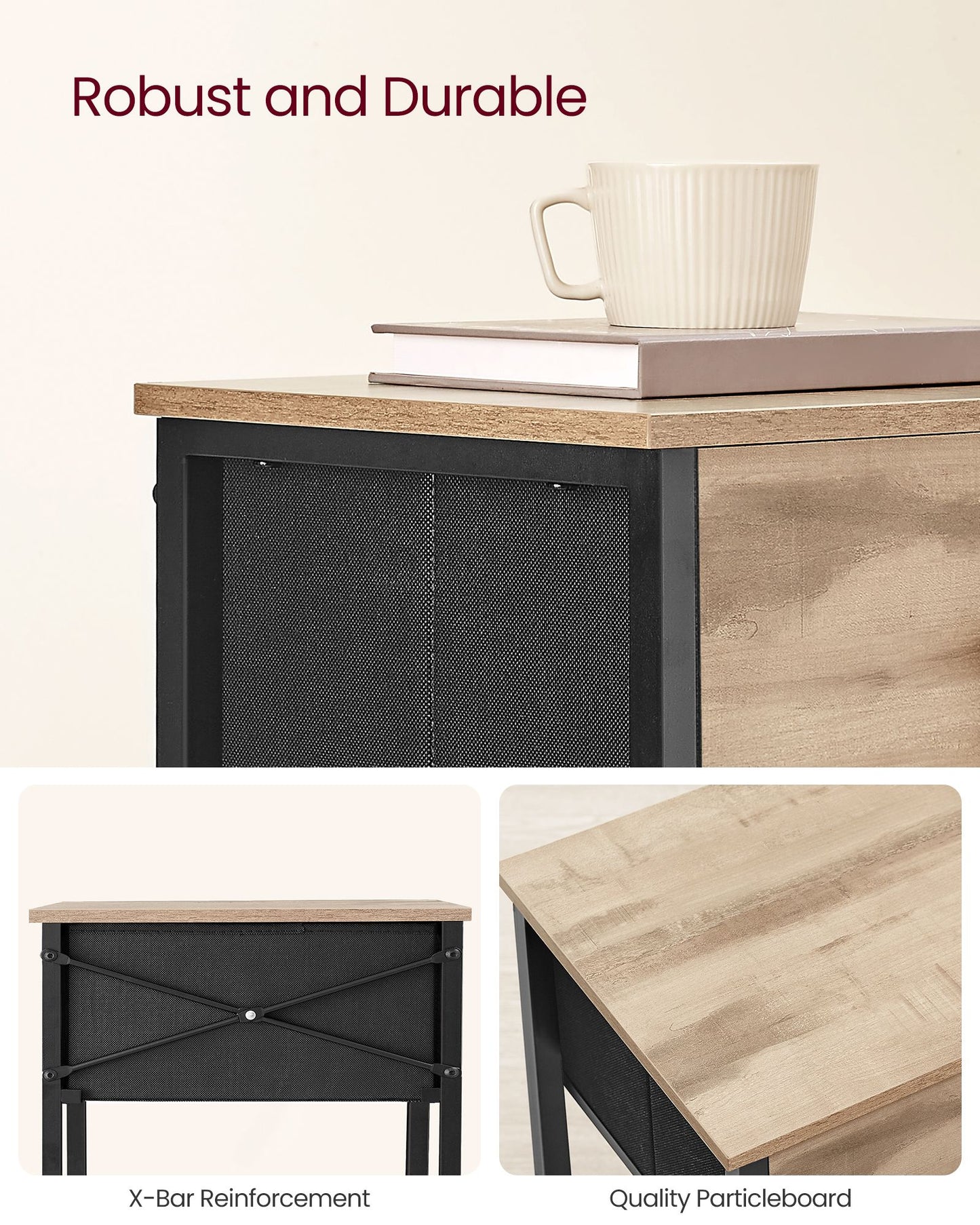 Nightstand, Side Table with Fabric Drawer, 24-Inch Tall End Table with Storage Shelf