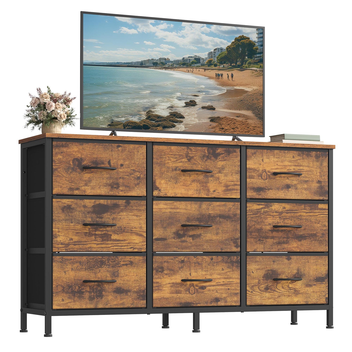 Dresser with 9 Fabric Drawers, TV Stand for TVs Up to 55 Inches, 11.8"D x 44.8"W x 26.8"H (9 Drawers), Rustic Brown + Ink Black - image 1