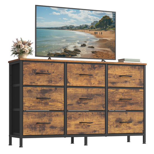 Dresser with 9 Fabric Drawers, TV Stand for TVs Up to 55 Inches, 11.8"D x 44.8"W x 26.8"H (9 Drawers), Rustic Brown + Ink Black - image 1