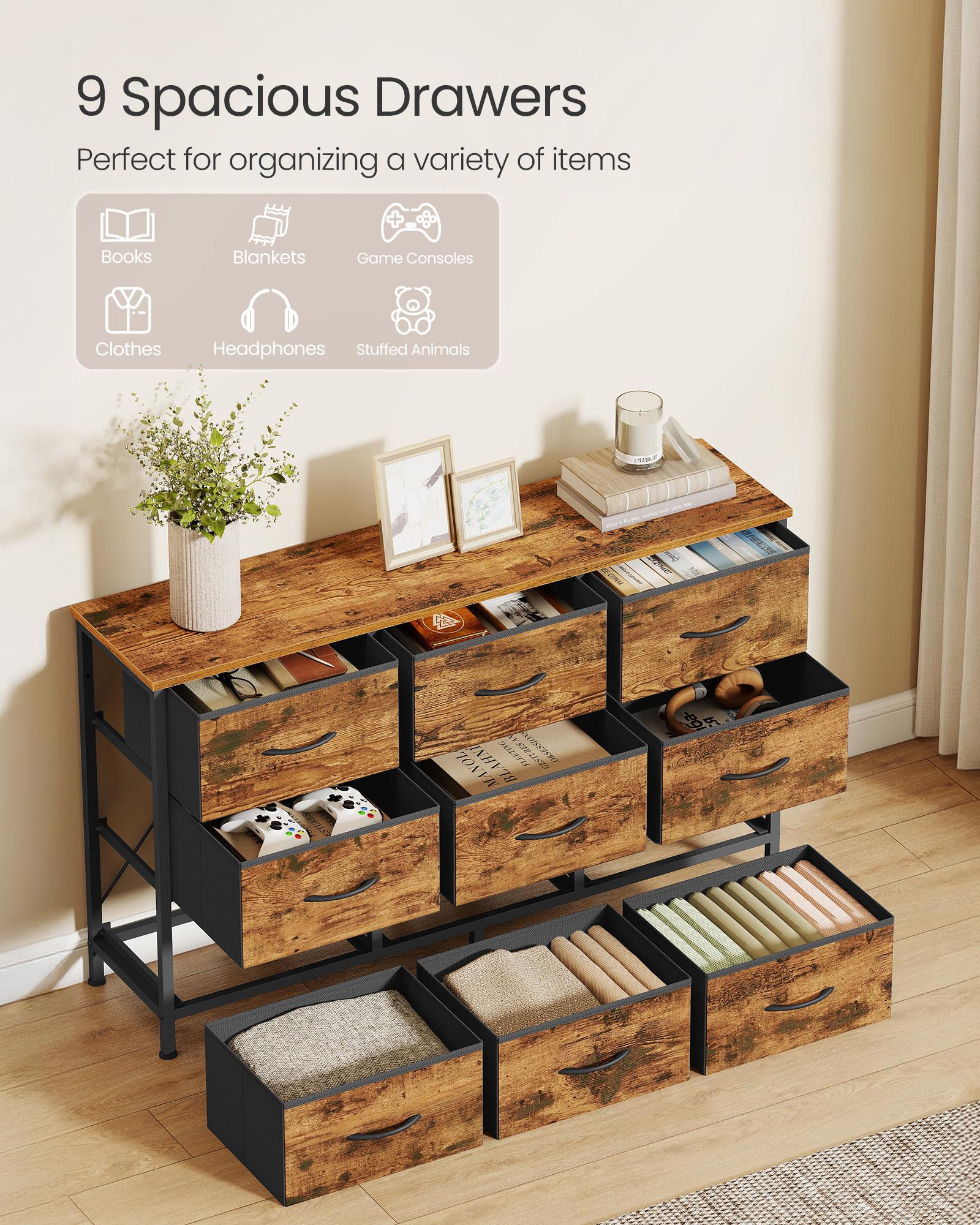 Dresser with 9 Fabric Drawers, TV Stand for TVs Up to 55 Inches, 11.8"D x 44.8"W x 26.8"H (9 Drawers), Rustic Brown + Ink Black - image 2