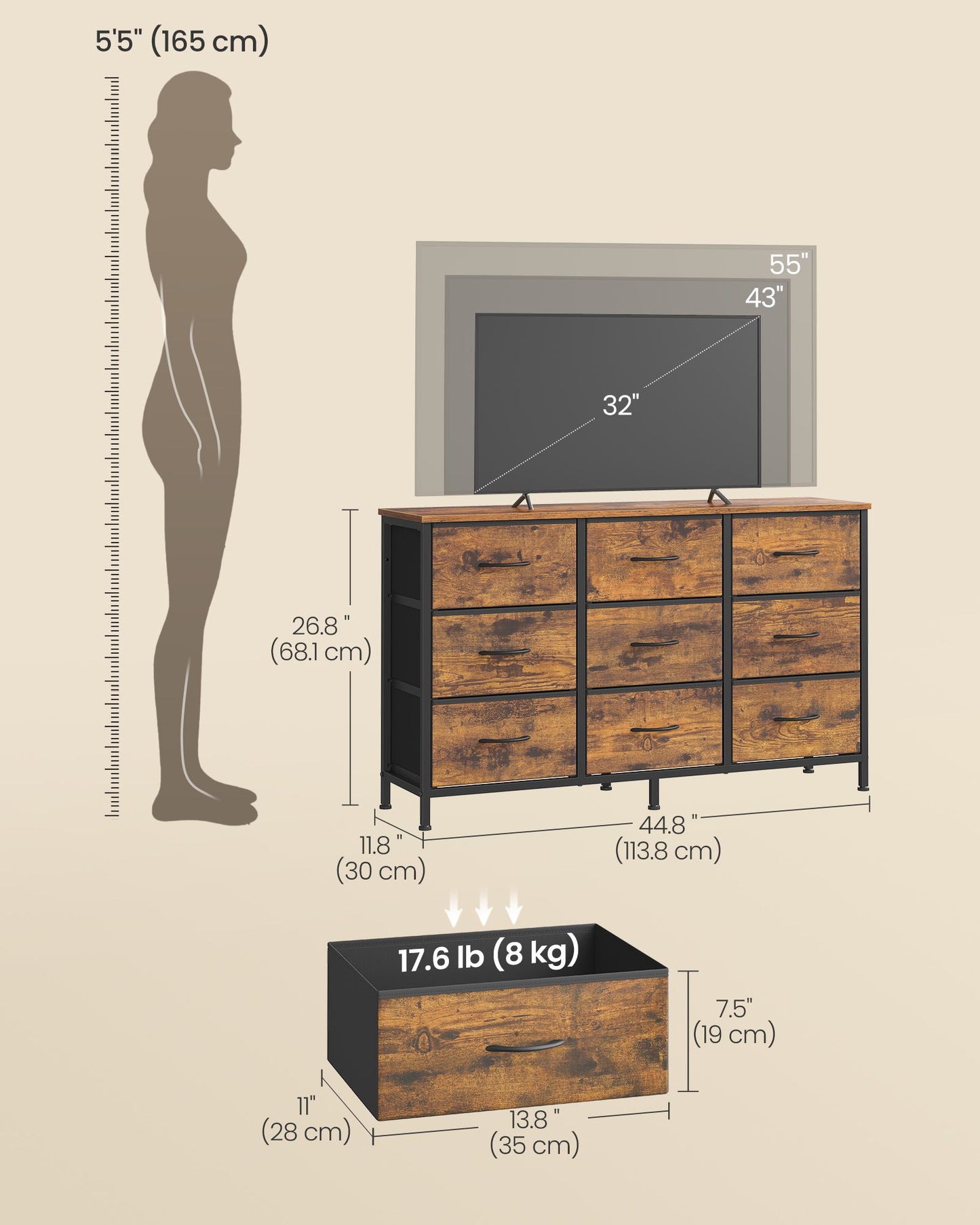 Dresser with 9 Fabric Drawers, TV Stand for TVs Up to 55 Inches, 11.8"D x 44.8"W x 26.8"H (9 Drawers), Rustic Brown + Ink Black - image 3