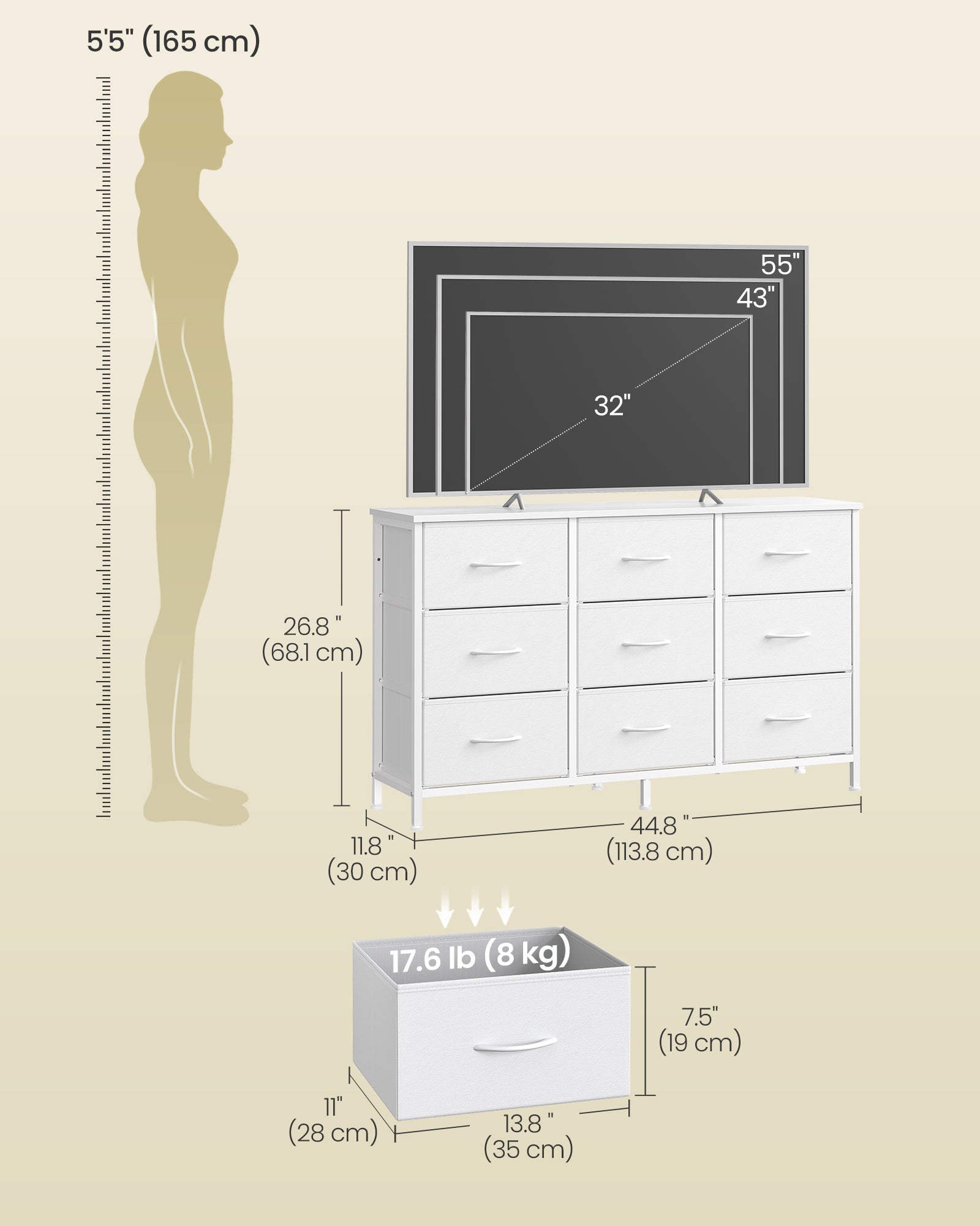 Dresser with 9 Fabric Drawers, TV Stand for TVs Up to 55 Inches, 11.8"D x 44.8"W x 26.8"H (9 Drawers), Rustic Brown + Ink Black - image 6