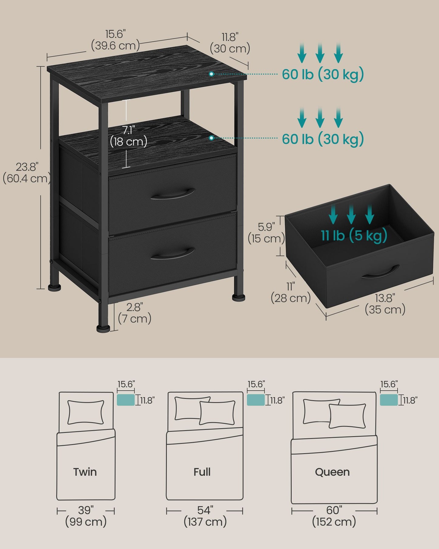 Nightstand, Bed Side Table, End Table with 2 Drawers, 1 Open Shelf, Industrial, Rustic Brown - image 11