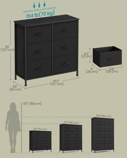 Dresser for Bedroom, 6-Drawer Storage Organizer, Ink Black & Ebony Black, Steel Frame