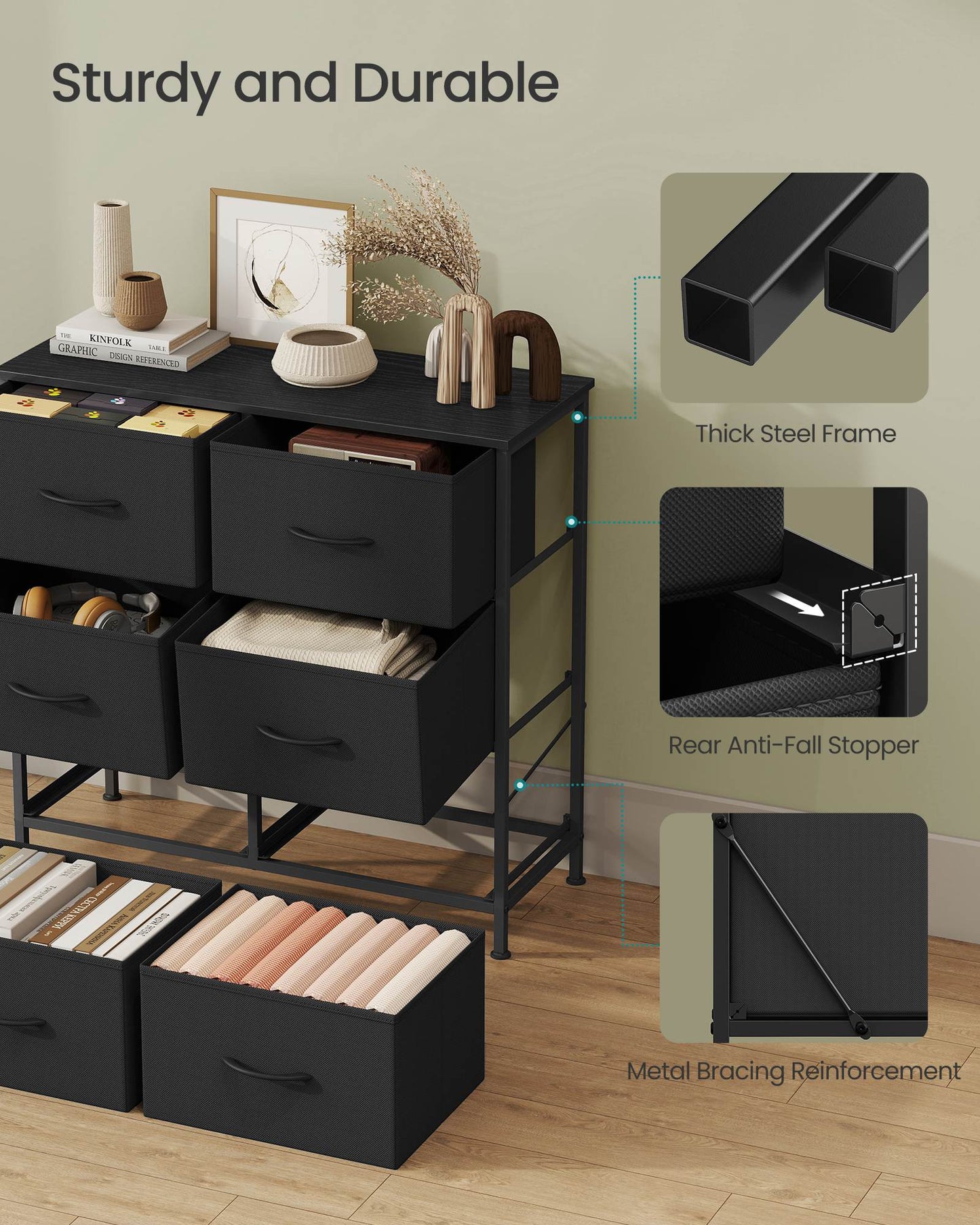Dresser for Bedroom, 6-Drawer Storage Organizer, Ink Black & Ebony Black, Steel Frame
