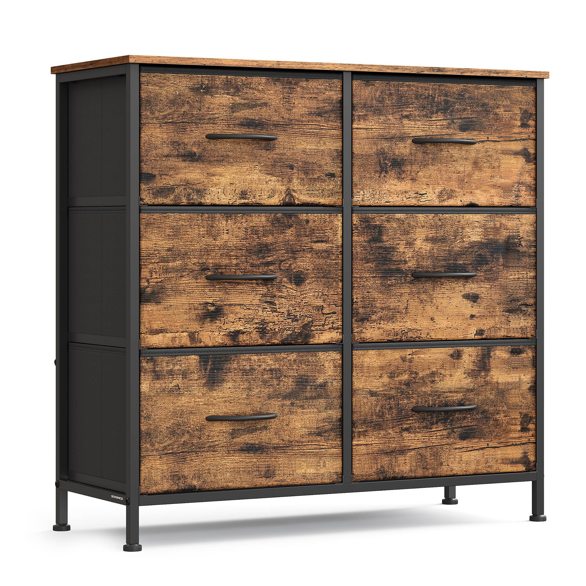 Dresser for Bedroom, 6-Drawer Storage Organizer, Rustic Brown & Ink Black, Steel Frame