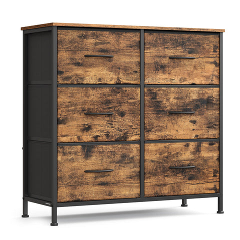 Dresser for Bedroom, 6-Drawer Storage Organizer, Rustic Brown & Ink Black, Steel Frame