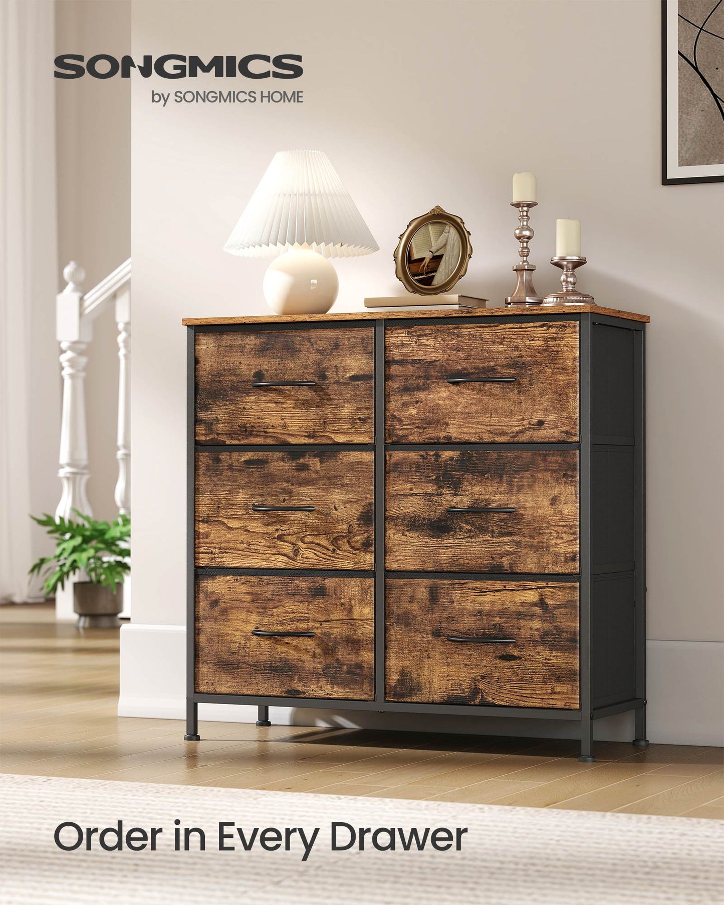 Dresser for Bedroom, 6-Drawer Storage Organizer, Rustic Brown & Ink Black, Steel Frame