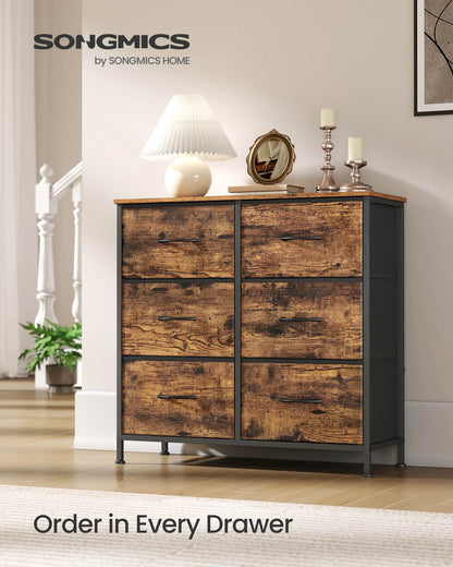 Dresser for Bedroom, 6-Drawer Storage Organizer, Rustic Brown & Ink Black, Steel Frame