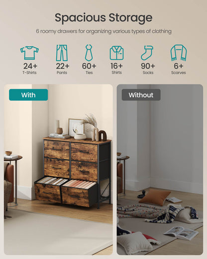 Dresser for Bedroom, 6-Drawer Storage Organizer, Rustic Brown & Ink Black, Steel Frame