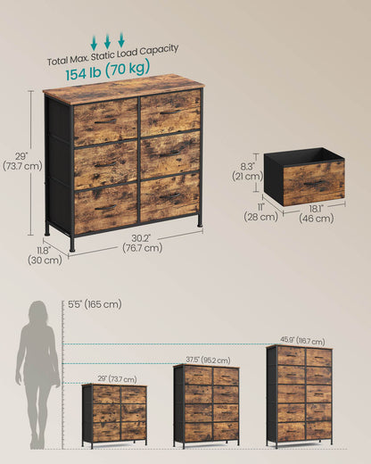 Dresser for Bedroom, 6-Drawer Storage Organizer, Rustic Brown & Ink Black, Steel Frame