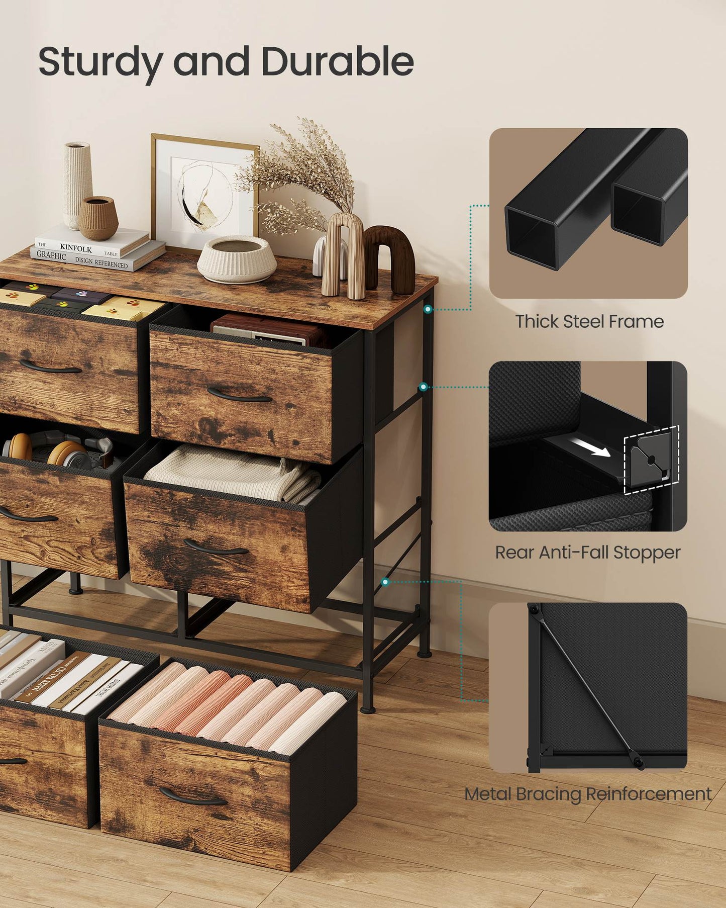 Dresser for Bedroom, 6-Drawer Storage Organizer, Rustic Brown & Ink Black, Steel Frame