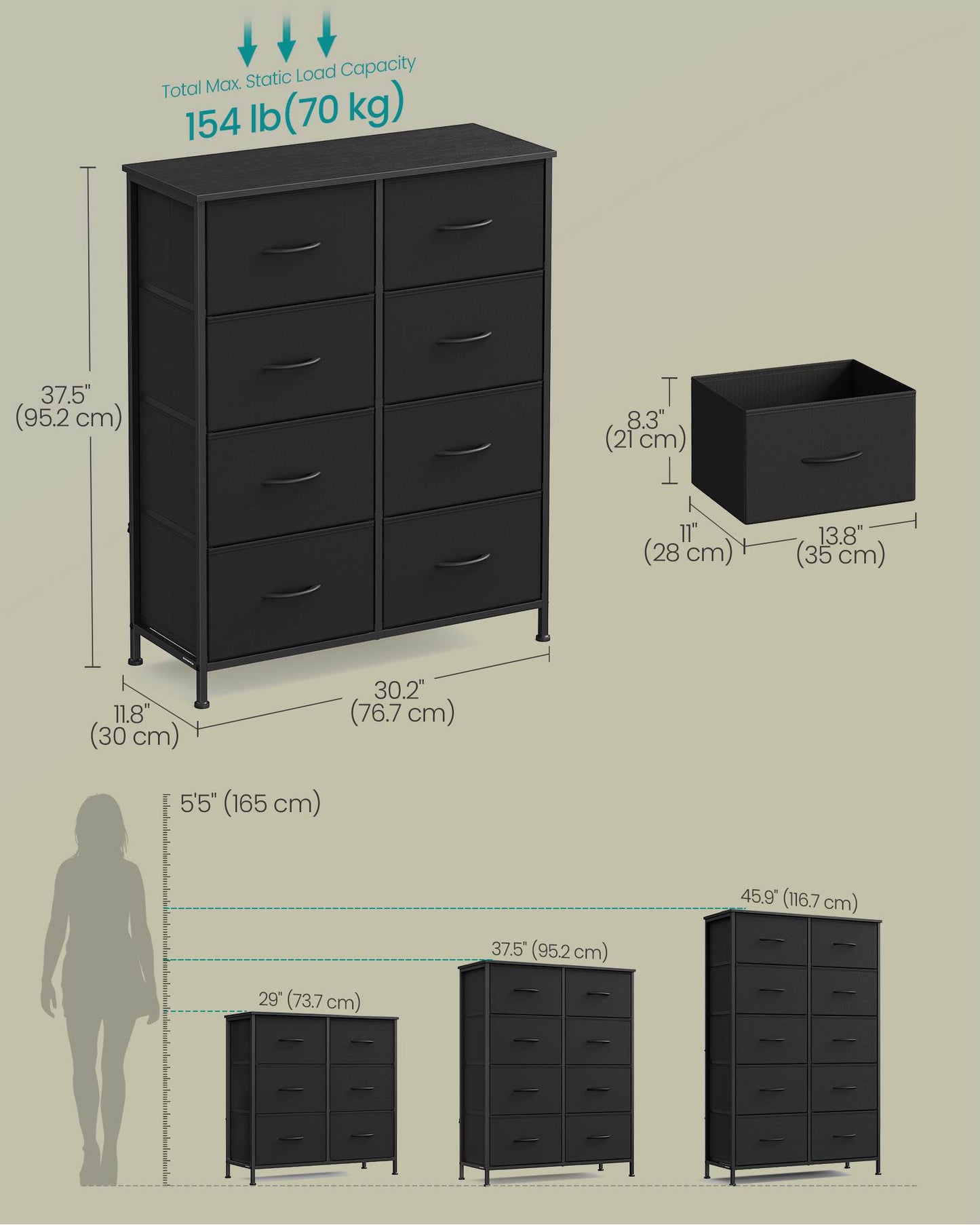 Dresser for Bedroom, 8-Drawer Storage Organizer, Ink Black & Ebony Black, Steel Frame