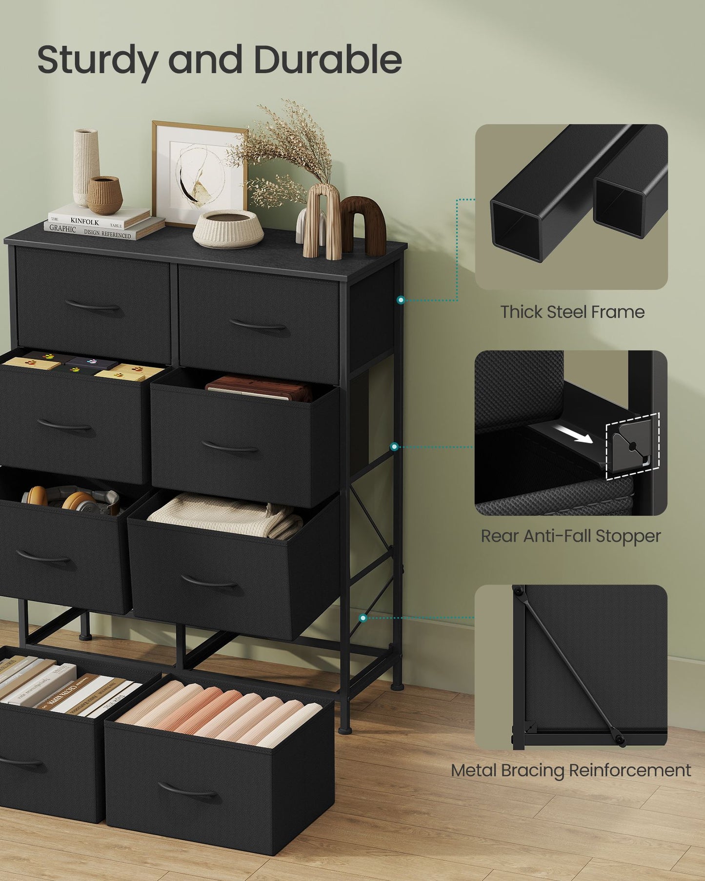 8-Drawer Fabric Dresser, Sturdy Storage Organizer for Bedroom, Rustic Brown & Black - image 12