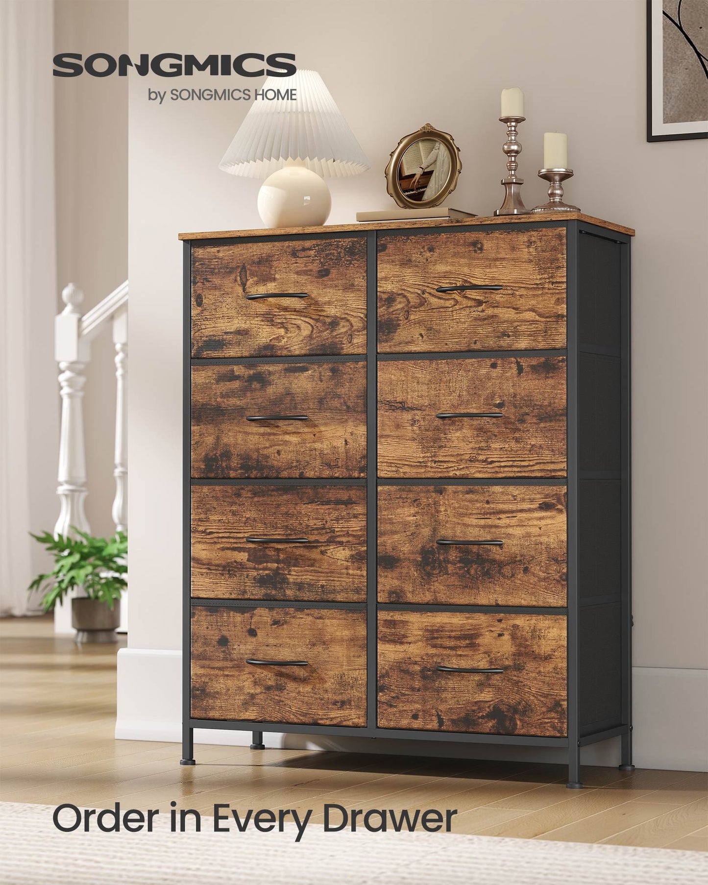8-Drawer Fabric Dresser, Sturdy Storage Organizer for Bedroom, Rustic Brown & Black