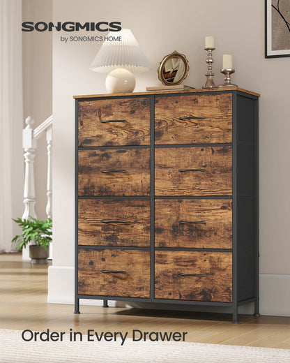 8-Drawer Fabric Dresser, Sturdy Storage Organizer for Bedroom, Rustic Brown & Black