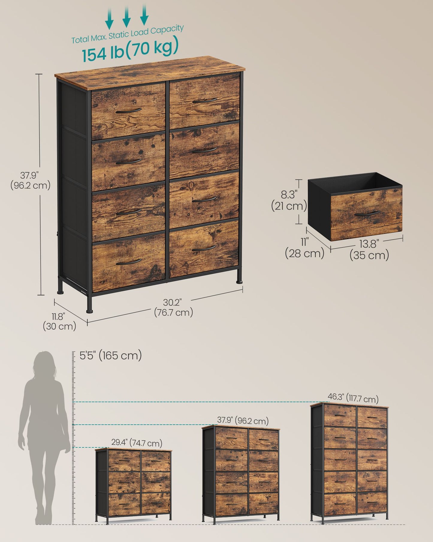 8-Drawer Fabric Dresser, Sturdy Storage Organizer for Bedroom, Rustic Brown & Black - image 5