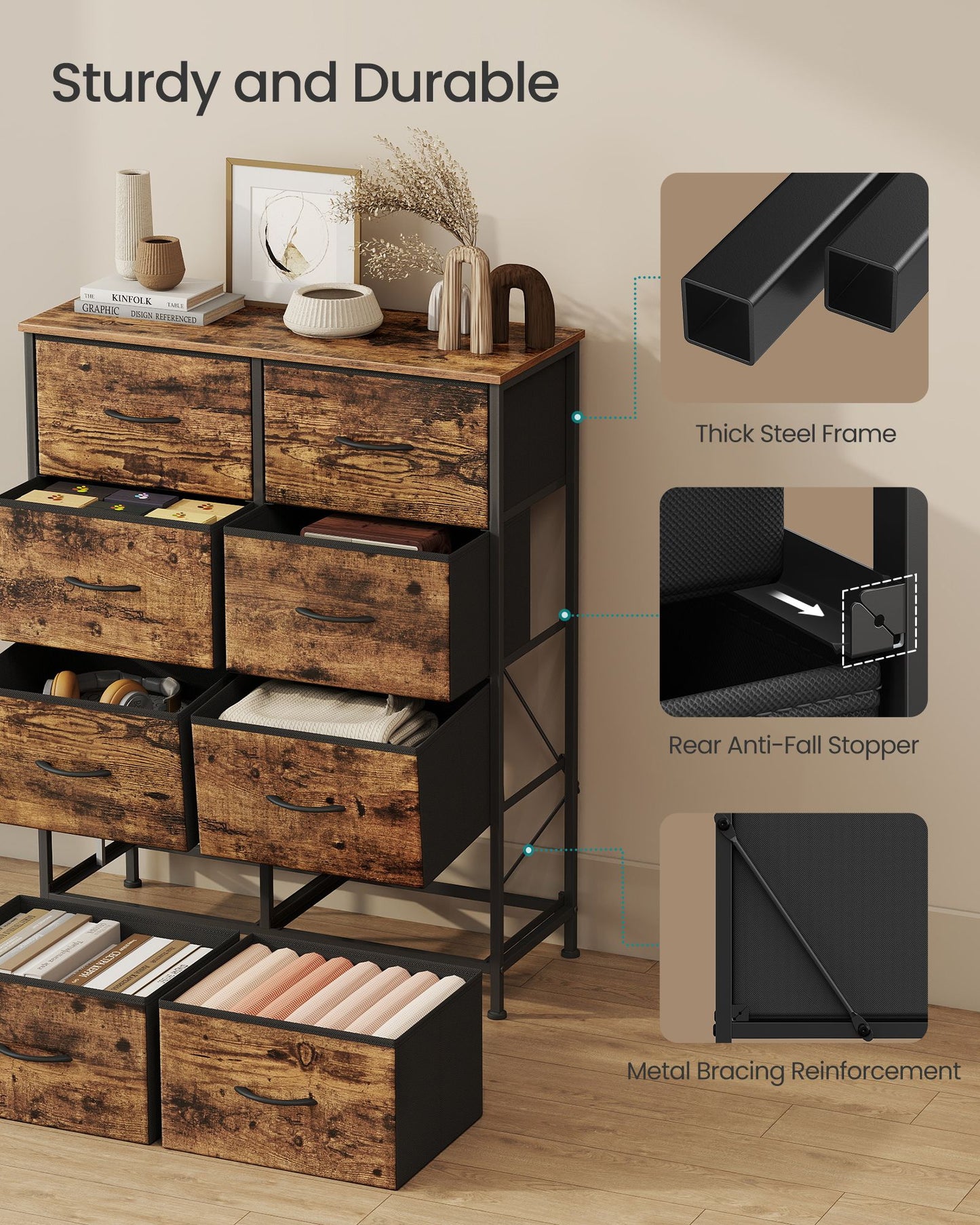 8-Drawer Fabric Dresser, Sturdy Storage Organizer for Bedroom, Rustic Brown & Black - image 6