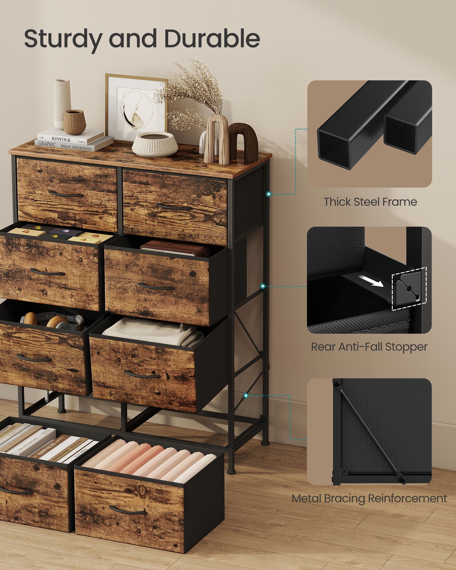 8-Drawer Fabric Dresser, Sturdy Storage Organizer for Bedroom, Rustic Brown & Black - image 6