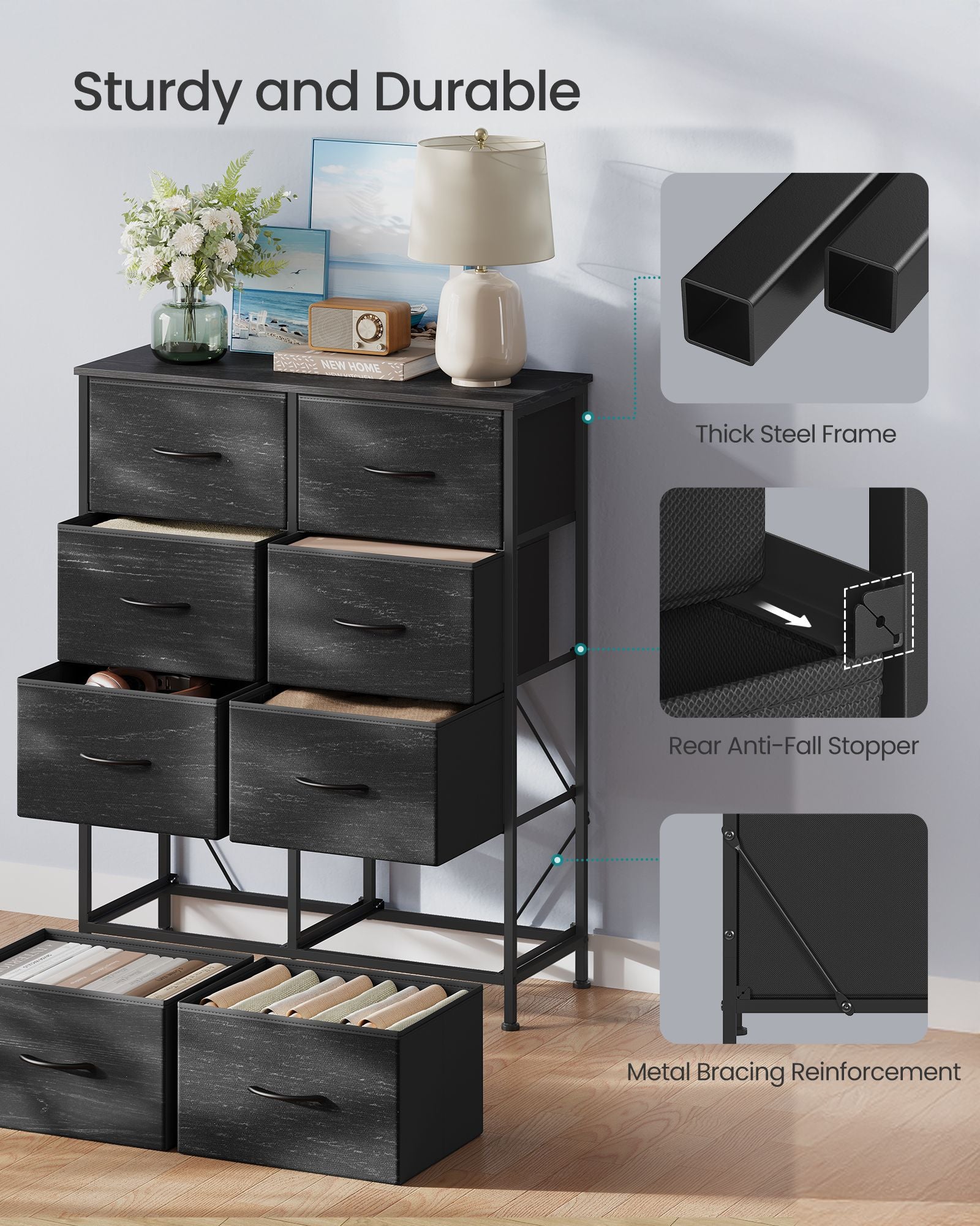 8-Drawer Fabric Dresser, Sturdy Storage Organizer for Bedroom, Rustic Brown & Black - image 30