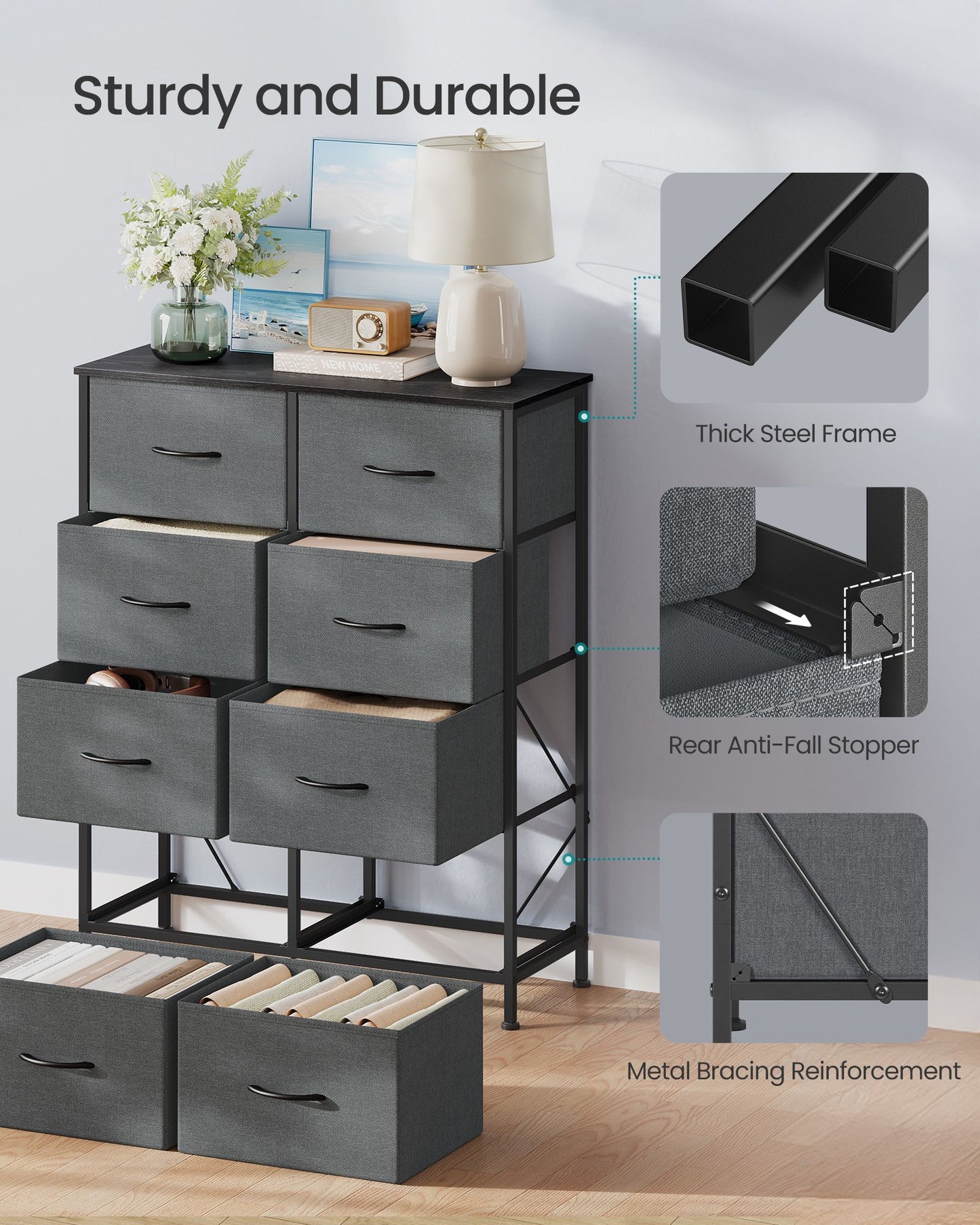 8-Drawer Fabric Dresser, Sturdy Storage Organizer for Bedroom, Rustic Brown & Black - image 24