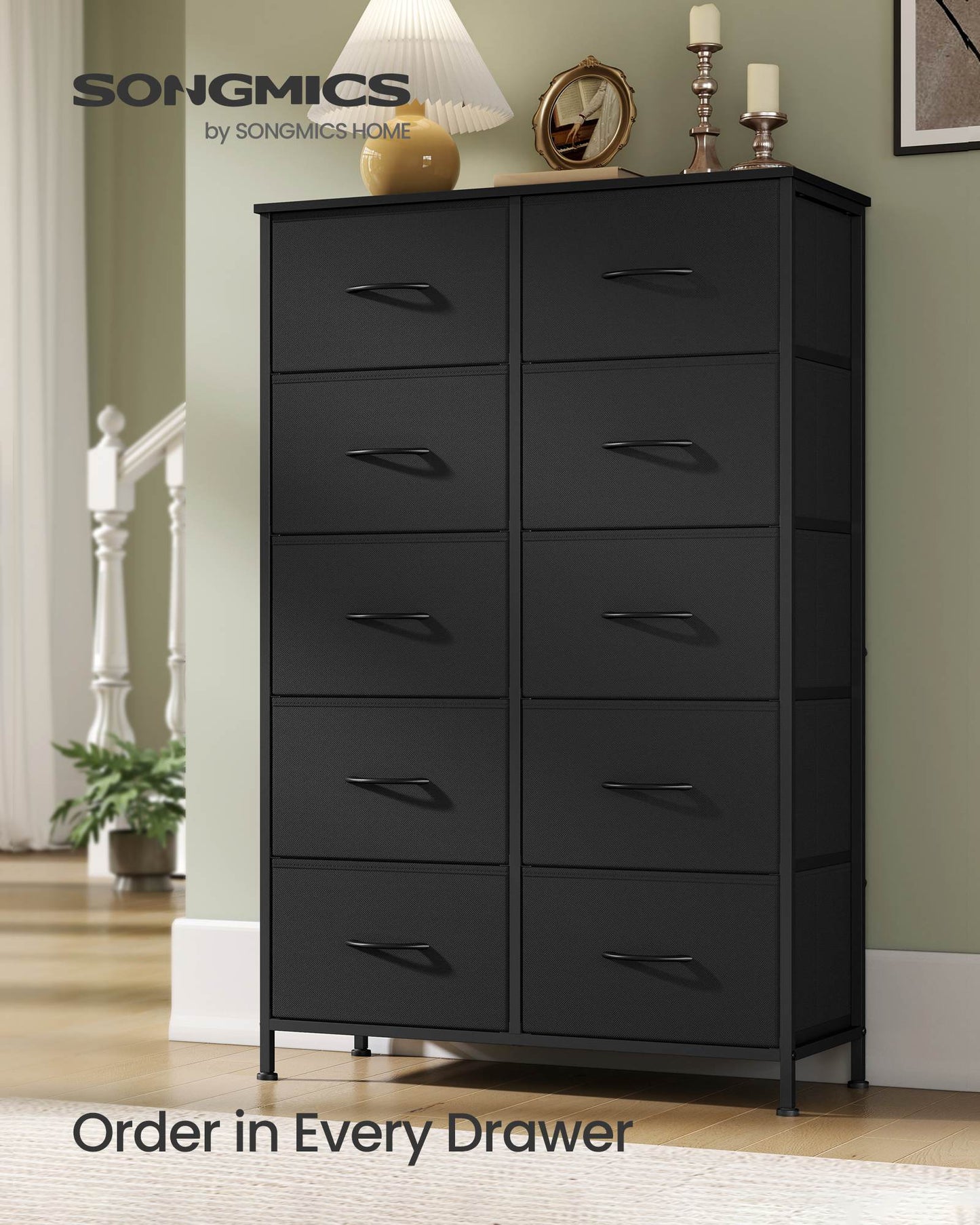 Dresser for Bedroom, 10-Drawer Storage Organizer, Rustic Brown & Ink Black, Steel Frame