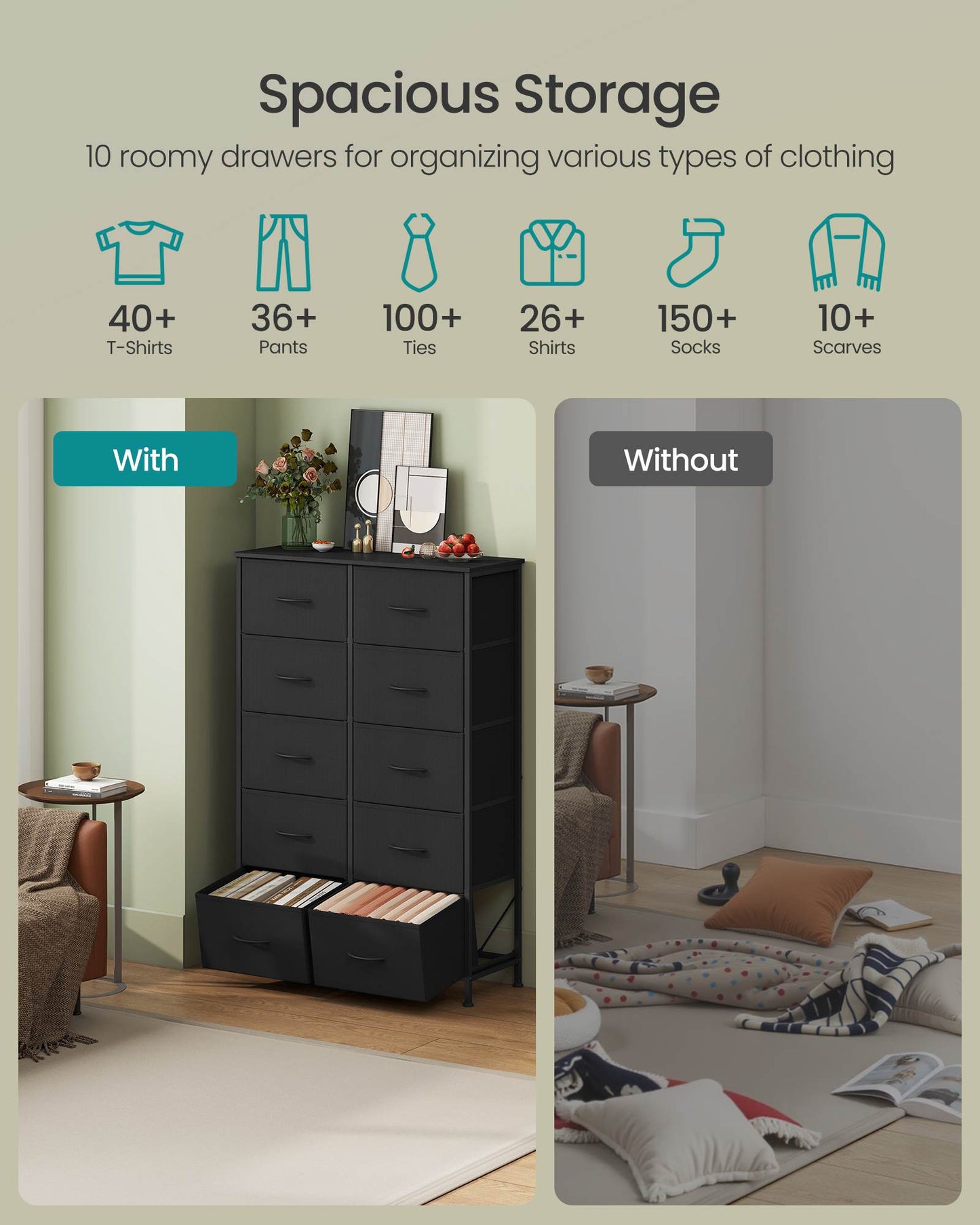Dresser for Bedroom, 10-Drawer Storage Organizer, Rustic Brown & Ink Black, Steel Frame
