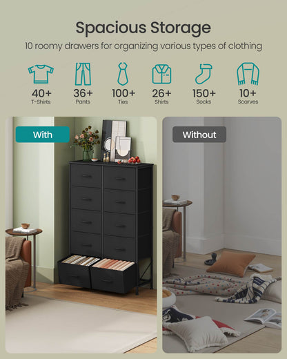 Dresser for Bedroom, 10-Drawer Storage Organizer, Rustic Brown & Ink Black, Steel Frame