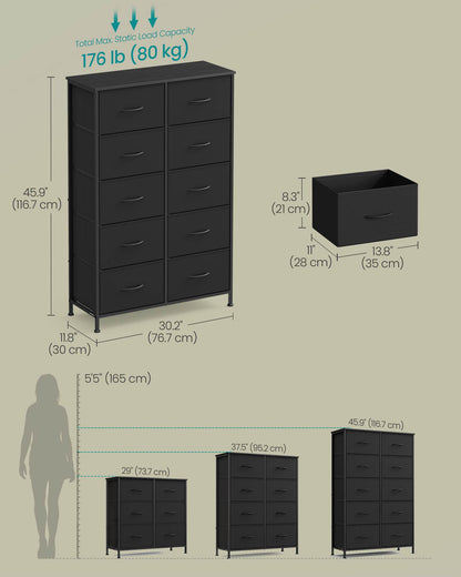 Dresser for Bedroom, 10-Drawer Storage Organizer, Rustic Brown & Ink Black, Steel Frame