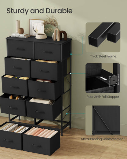 Dresser for Bedroom, 10-Drawer Storage Organizer, Rustic Brown & Ink Black, Steel Frame