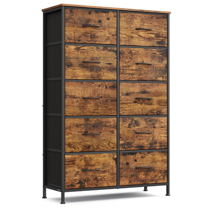 Dresser for Bedroom, 10-Drawer Storage Organizer, Rustic Brown & Ink Black, Steel Frame