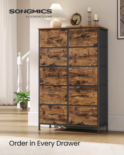 Dresser for Bedroom, 10-Drawer Storage Organizer, Rustic Brown & Ink Black, Steel Frame