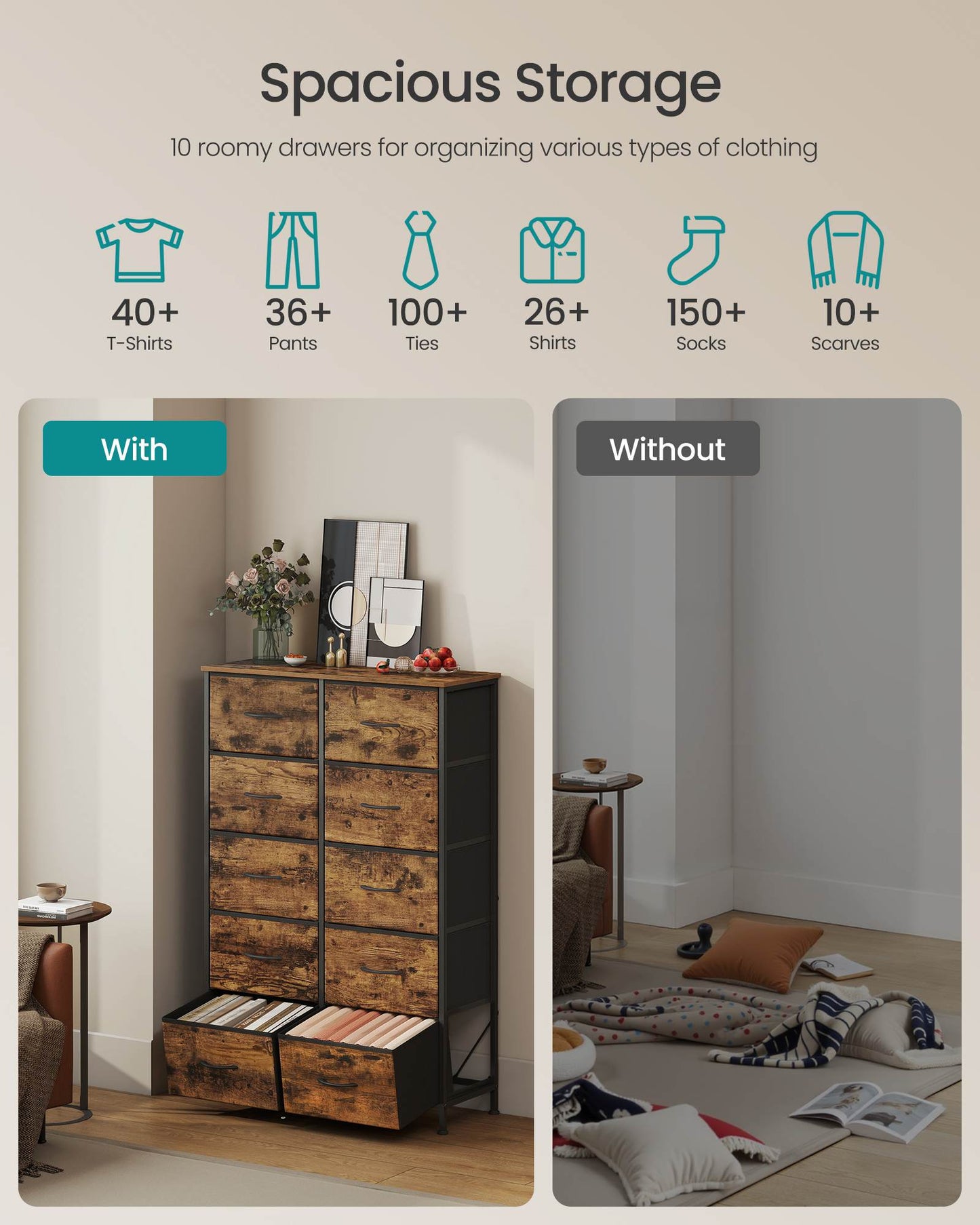 Dresser for Bedroom, 10-Drawer Storage Organizer, Rustic Brown & Ink Black, Steel Frame