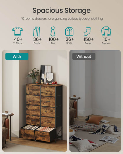 Dresser for Bedroom, 10-Drawer Storage Organizer, Rustic Brown & Ink Black, Steel Frame