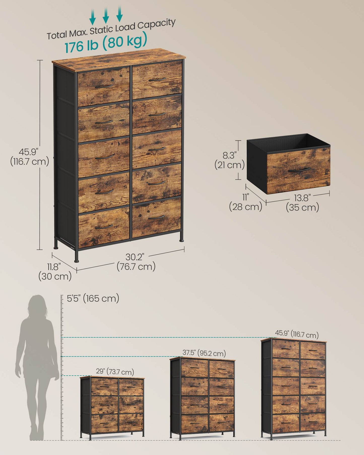 Dresser for Bedroom, 10-Drawer Storage Organizer, Rustic Brown & Ink Black, Steel Frame