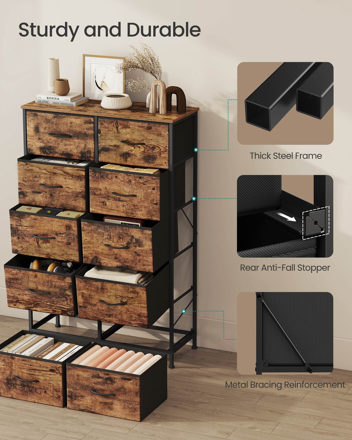 Dresser for Bedroom, 10-Drawer Storage Organizer, Rustic Brown & Ink Black, Steel Frame