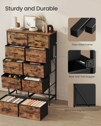 Dresser for Bedroom, 10-Drawer Storage Organizer, Rustic Brown & Ink Black, Steel Frame