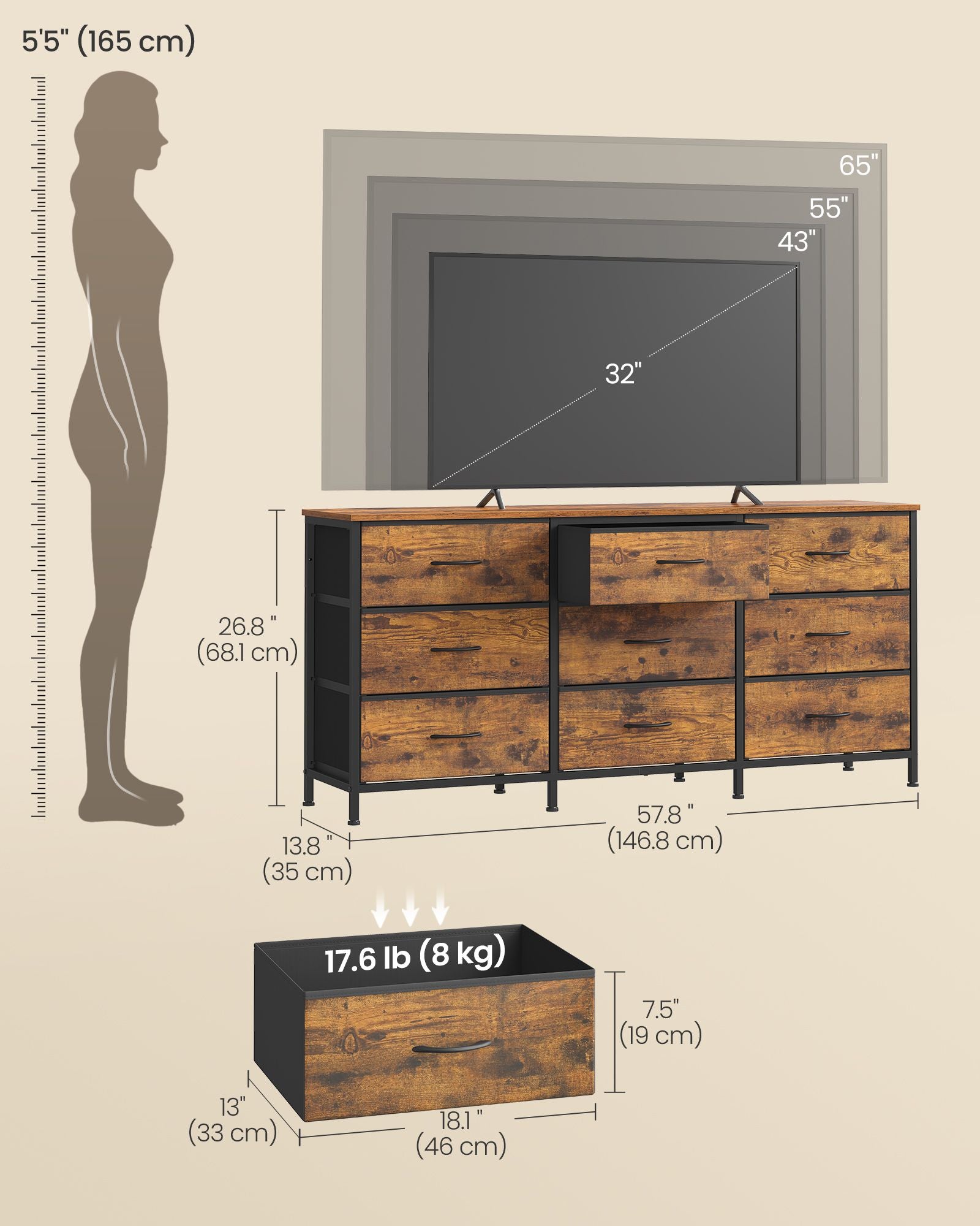 Dresser with 9 Fabric Drawers, TV Stand for TVs Up to 65 Inches - image 3