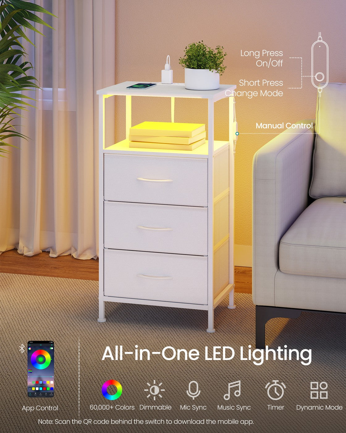 Nightstand with Charging Station and App-Controlled Adjustable LED Lights Set of 2 - image 6
