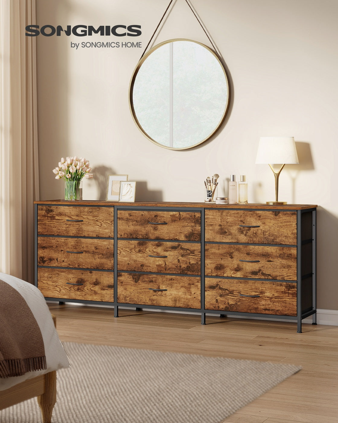 Dresser with 9 Fabric Drawers, TV Stand for TVs Up to 70 Inches