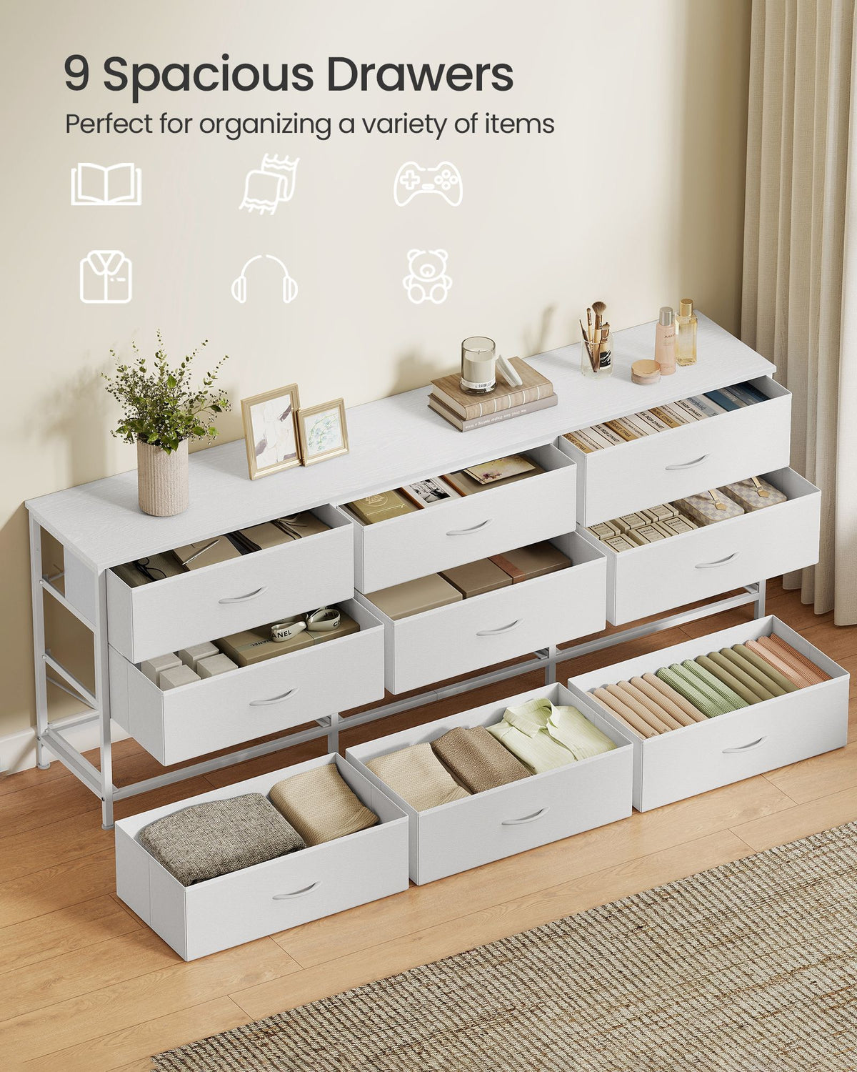 Dresser with 9 Fabric Drawers, TV Stand for TVs Up to 70 Inches