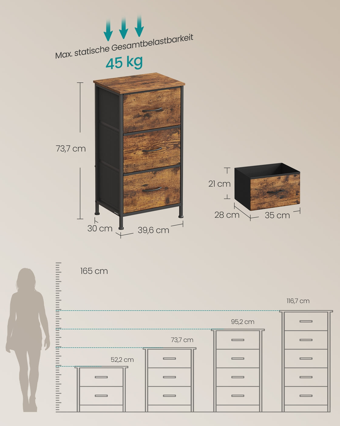 2-drawer bedside table with fabric storage