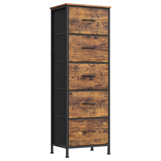 5 Drawer Dresser, Rustic Brown & Ink Black, Steel Frame, 46" Tall Storage Organizer