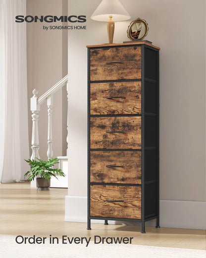 5 Drawer Dresser, Rustic Brown & Ink Black, Steel Frame, 46" Tall Storage Organizer