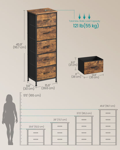 5 Drawer Dresser, Rustic Brown & Ink Black, Steel Frame, 46" Tall Storage Organizer